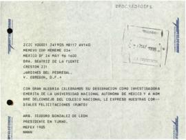 Telegrama de felicitación de Teodoro González de León