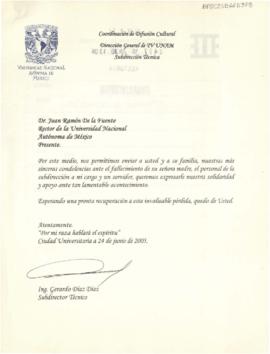 Condolencias de la Coordinación de Difusión Cultural, UNAM