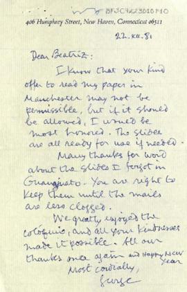 Carta de George Kubler a Beatriz de la Fuente