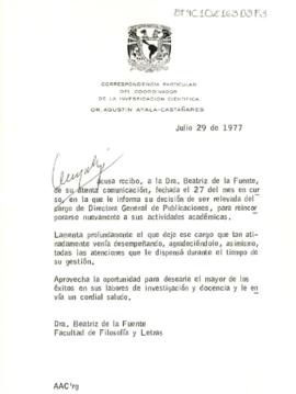 Acuse de recibido de la renuncia como Directora General de Publicaciones de la UNAM