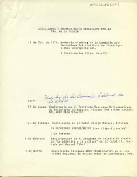 Actividades y Nombramientos de la doctora De la Fuente 1976-1977