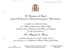 Invitación para la entrega del Premio Internacional Reina Sofía