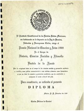 Diploma del Premio Nacional de Ciencias y Artes 1989