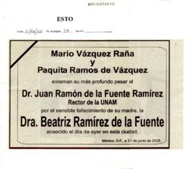 Esquela de Mario Vázquez Raña y Paquita Ramos de Vázquez