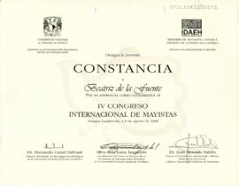 Constancia como coordinador en el IV Congreso Internacional de Mayistas