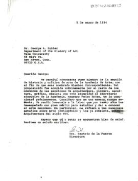 Carta de Beatriz de la Fuente en la que notifica a George Kubler que ha sido propuesto como miemb...