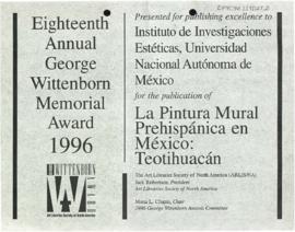 Eighteenth Annual George Wittenborn Memorial Award 1996