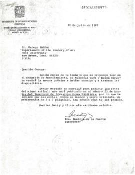 Carta de Beatriz de la Fuente en la que acusa de recibido el artículo de Kubler