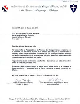 Condolencias de la Asociación de Ex-alumnas del Colegio Francés, A. C.