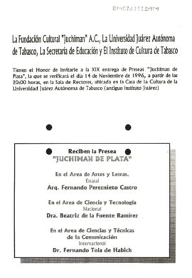 Invitación para la XIX entrega de las preseas Juchimán de Plata