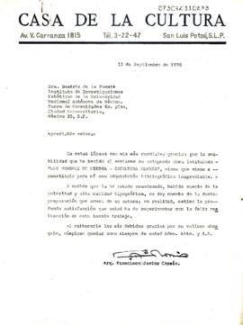 Carta de Francisco Javier Cossío a Beatriz de la Fuente