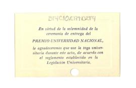 Boleto para la ceremonia de entrega del Premio Universidad Nacional 1992
