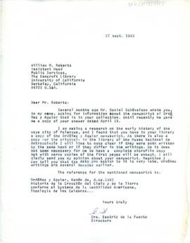 Carta de Beatriz de la Fuente relativa al manuscrito Ordóñez Aguiar