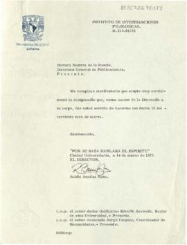 Aceptación de Rubén Bonifaz Nuño como asesor de la Dirección General de Publicaciones