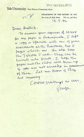 Carta de George Kubler informando el envío de su ponencia en español