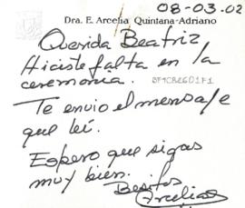 Tarjeta de E. Arcelia Quintana-Adriano