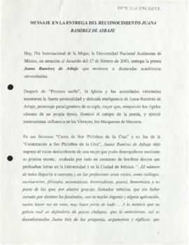 Mensaje en la entrega del Reconocimiento Juana Ramírez de Asbaje