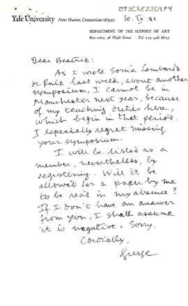 Carta de George Kubler sobre simposio en Manchester