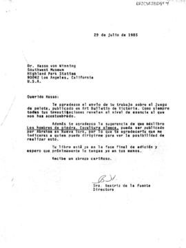 Carta de Beatriz de la Fuente a Hasso von Winning