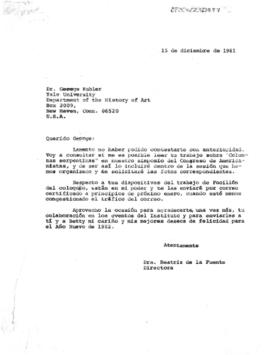 Carta de Beatriz de la Fuente sobre la ponencia de Kubler en el Congreso de Americanistas