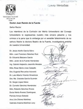 Condolencias de la Comisión del Mérito Universitario del Consejo Universitario
