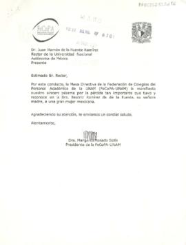 Condolencias de la Federación de Colegios del Personal Académico de la UNAM