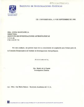 Aceptación como integrante de la Comisión Dictaminadora del Instituto de Investigaciones Antropol...