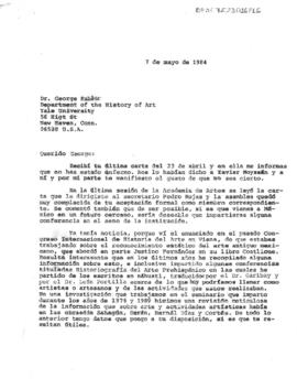 Carta de Beatriz de la Fuente comunicando la lectura de la aceptación de Kubler a ingresar a la Academia de Artes